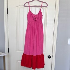 Tabitha Brown X Target Pink Tie-Front Linen Sundress with Red Hem, Size S